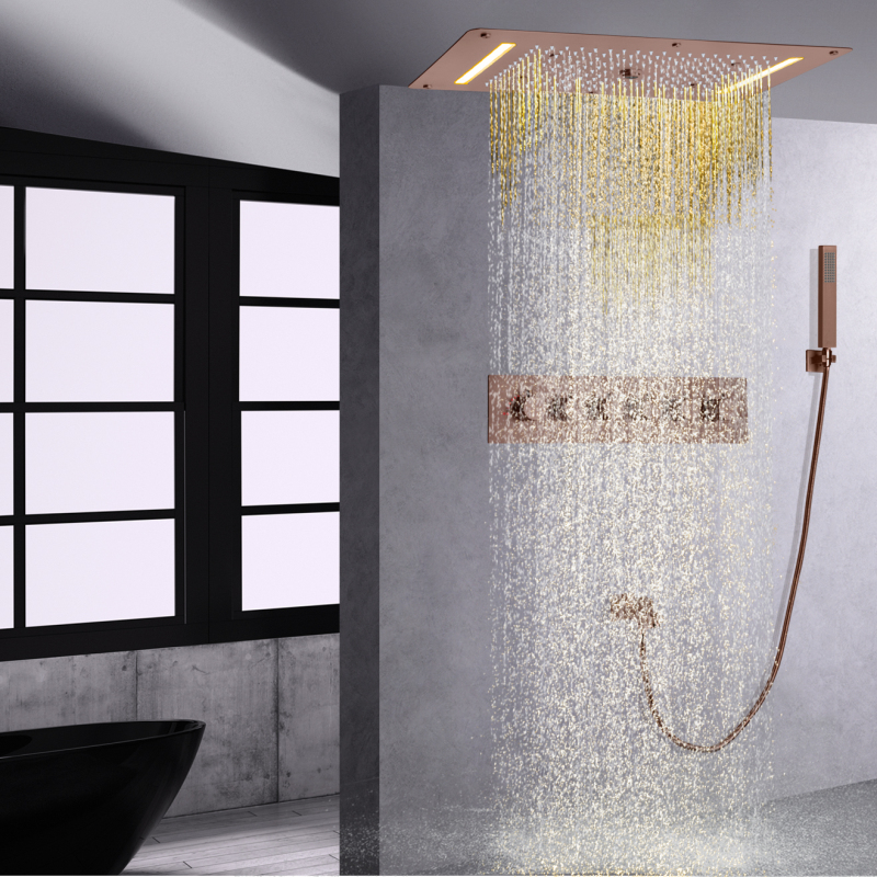 نظام دش حوض الاستحمام الحراري باللون البني مقاس 700 × 380 مم، شلال مياه الأمطار LED مع يد