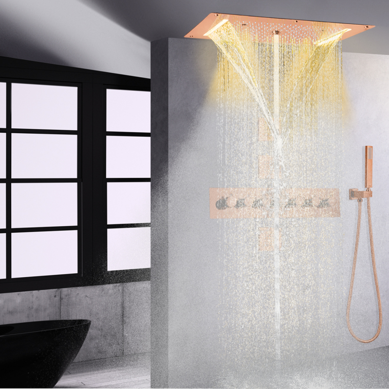 نظام دش LED حديث ثرموستاتي باللون الذهبي الوردي للتدليك في الحمام شلال الأمطار