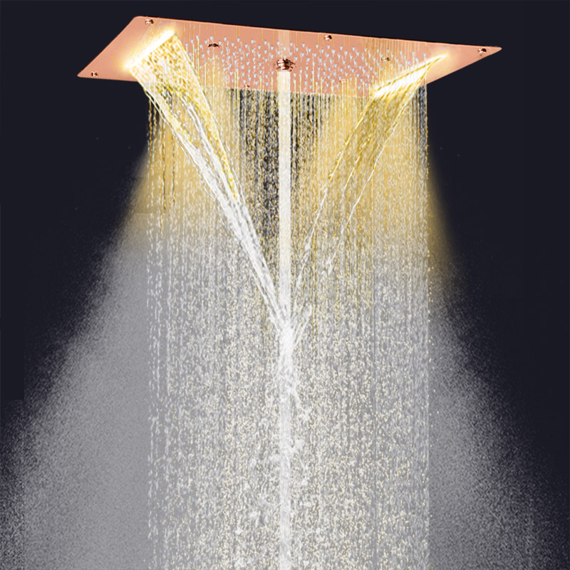 موضة الذهب الوردي 70X38 سم رأس دش المطر LED الحمام متعدد الوظائف شلال فقاعة التفتيت هطول الأمطار