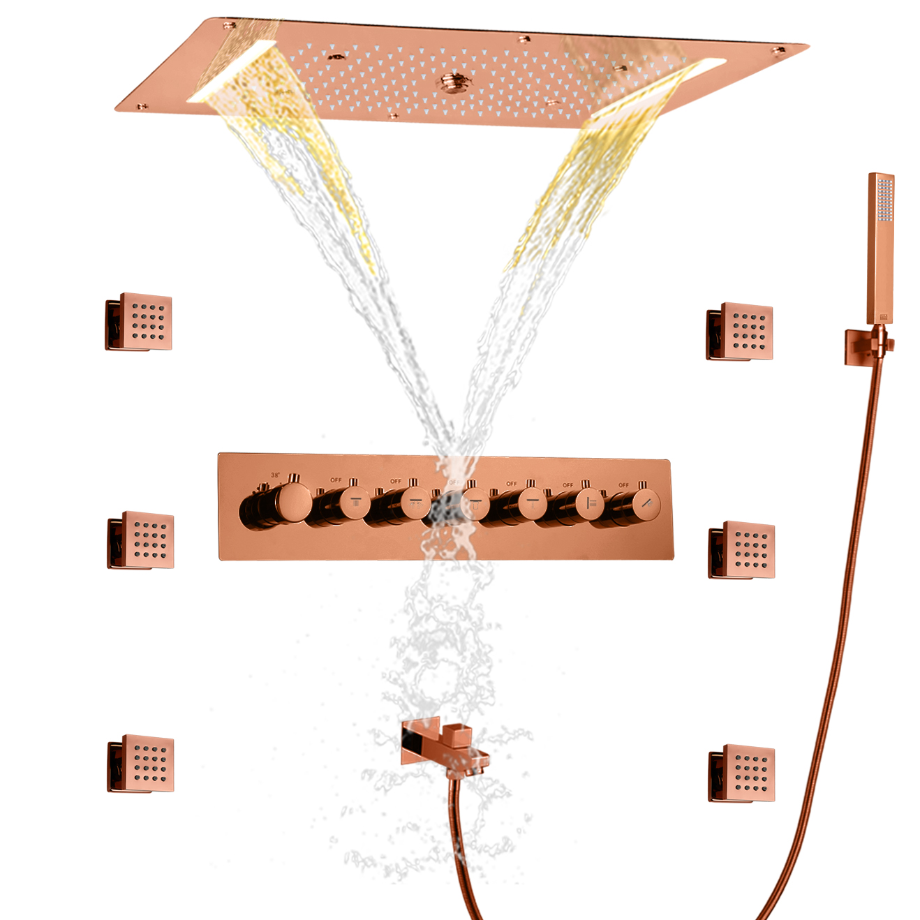 حنفيات دش LED باللون الذهبي الوردي درجة حرارة الحمام المائية النفاثة وشلال الأمطار وشلال الفقاعات مع جهاز محمول باليد