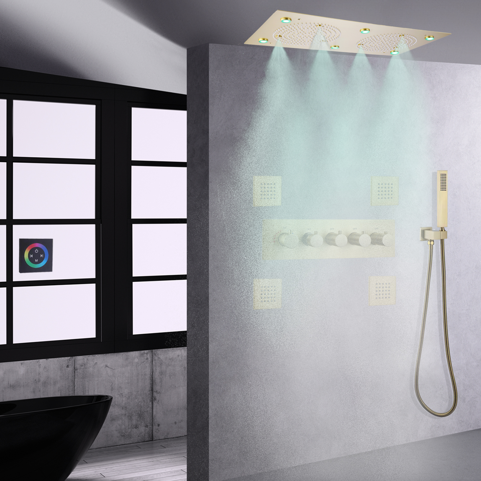 حمام LED ترموستاتي مصقول ذهبي مثبت على الحائط مزدوج بيبكوك مطر ضباب هيدرو جت تدليك