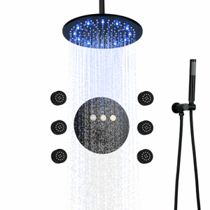 مجموعة رأس دش مستديرة لتساقط الأمطار باللون الأسود غير اللامع مقاس 10 بوصة LED مجموعة حمام مطر ترموستاتي مع بخاخات محمولة