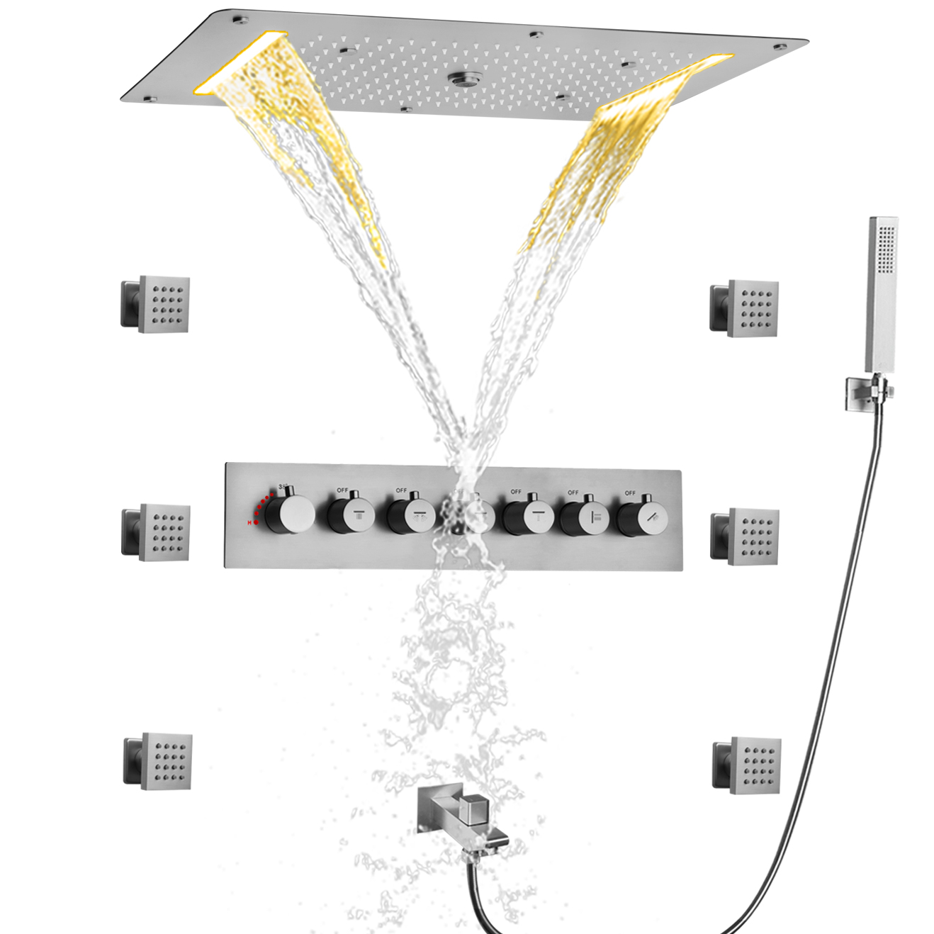 نظام دش ترموستاتي من النيكل المصقول، تدفق عالي LED، فقاعة حمام ضباب شلال المطر مع دش الجسم النفاث