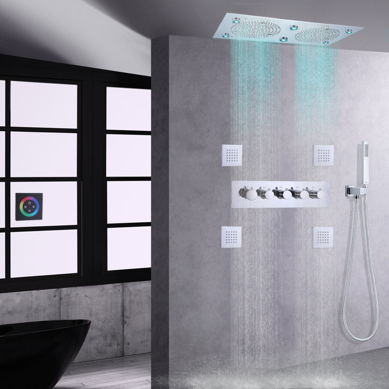 مجموعة دش حمام مصقول بالكروم مقاس 24 × 12 بوصة، خلاط دش مخفي LED للحمام ترموستاتي متعدد الوظائف
