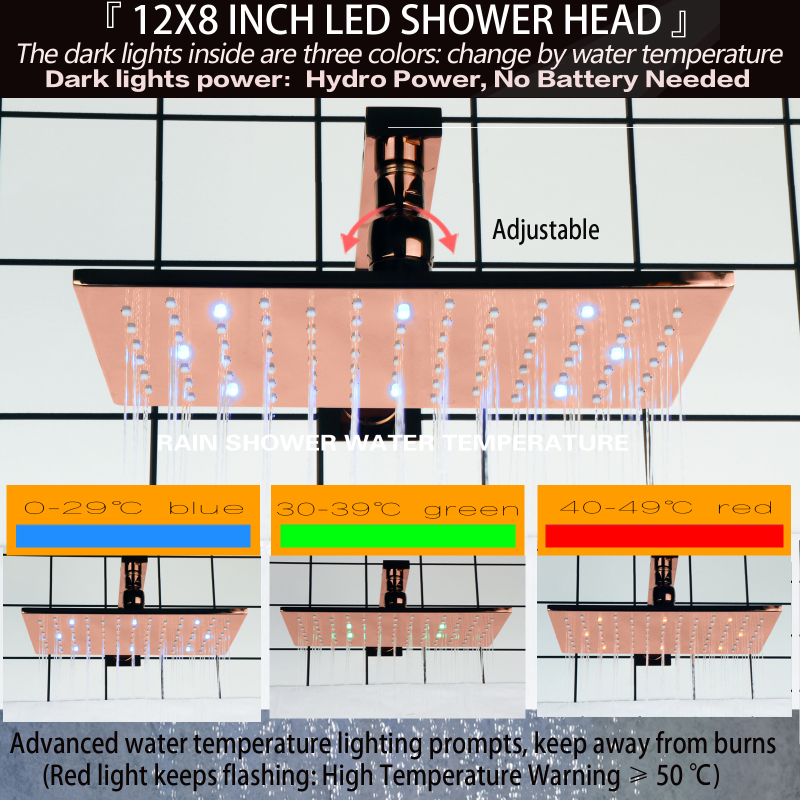 12X8 بوصة مستطيلة الذهب الوردي ثرموستاتي الحمام دش صنبور مجموعة دفع زر صمام جدار LED رأس دش المطر