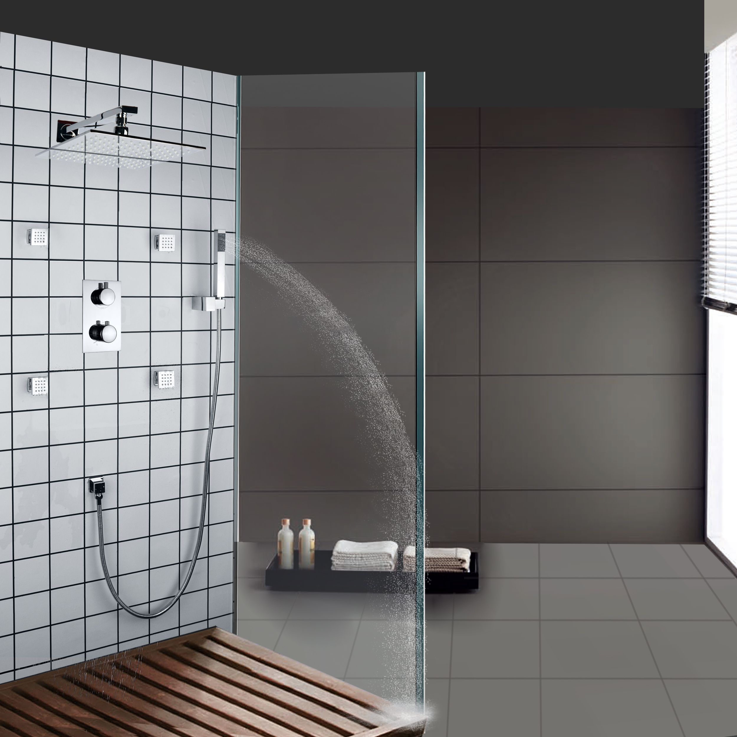 الكروم المصقول LED ثرموستاتي صنبور حوض الاستحمام لوحة دش تدليك رأس دش الأمطار