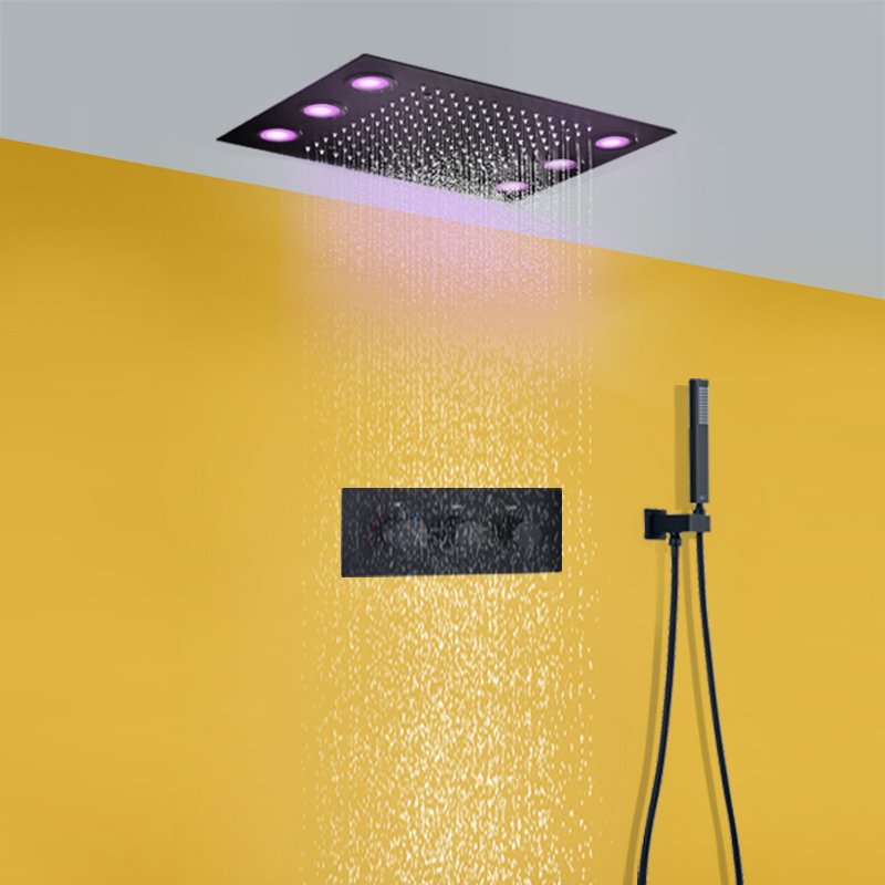 مات الأسود 360x500 ملليمتر LED سقف الأمطار دش رئيس السقف راحة ترموستاتي وظيفتين خلاط دش مجموعة