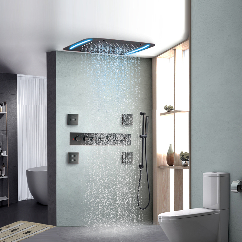 نظام دش مطر ثرموستاتي من البرونز المطلي بالزيت مقاس 71 × 43 سم LED رأس دش سبا فاخر للحمام مع لوحة تحكم LED