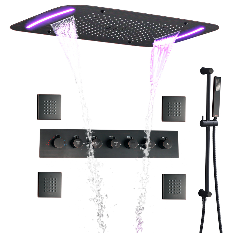 النفط مفروك البرونزية دش ثرموستاتي صنبور 71X43 سم الحمام الفاخرة LED تدليك هطول الأمطار رذاذ دش مجموعة