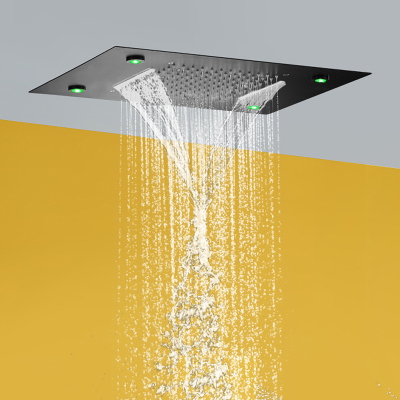 ماتي الأسود رأس دش 50X36 سم LED الحمام ثنائي الوظيفة شلال الأمطار مع 3 تغيير درجة حرارة اللون