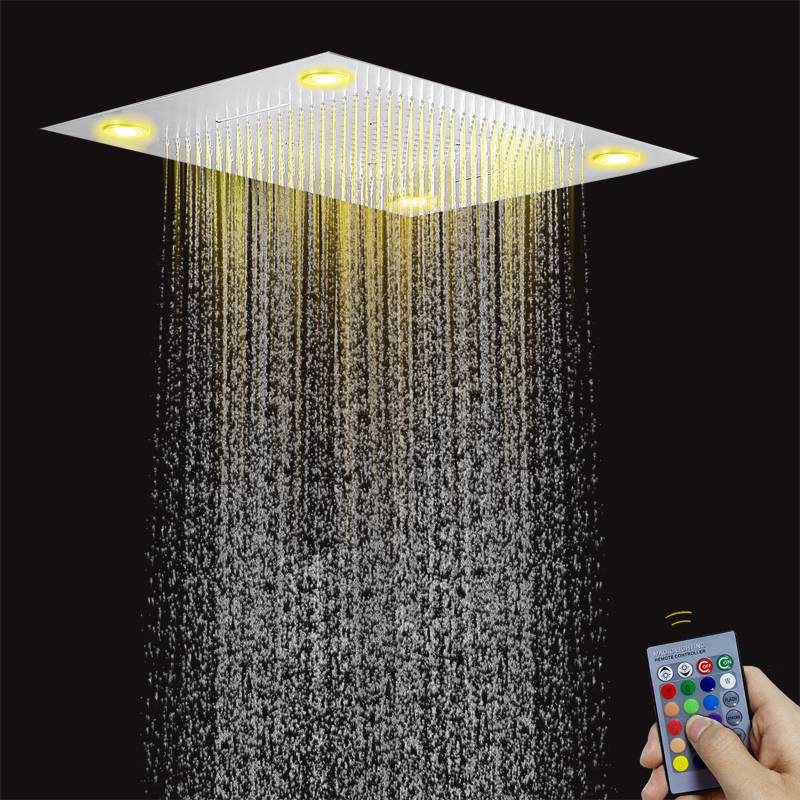رأس دش الحمام متعدد الوظائف مقاس 80 × 60 سم من الكروم المصقول مع لوحة التحكم عن بعد LED وشلال المطر الفقاعي