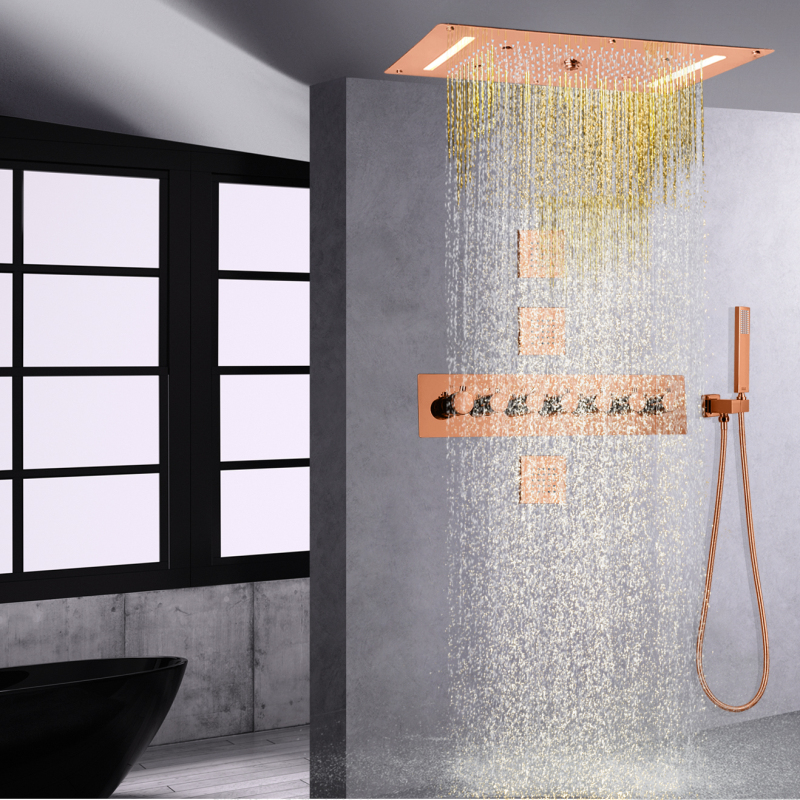 نظام دش الأمطار LED باللون الذهبي الوردي الترموستاتي، لوحة هطول الأمطار في الحمام، دش الشلال، تدليك مائي
