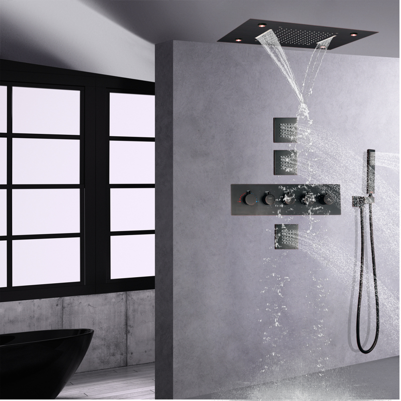 مجموعة دش مطر برونزي مفروك بالزيت 14 × 20 بوصة حمام فاخر ثرموستاتي LED نظام رأس دش شلال