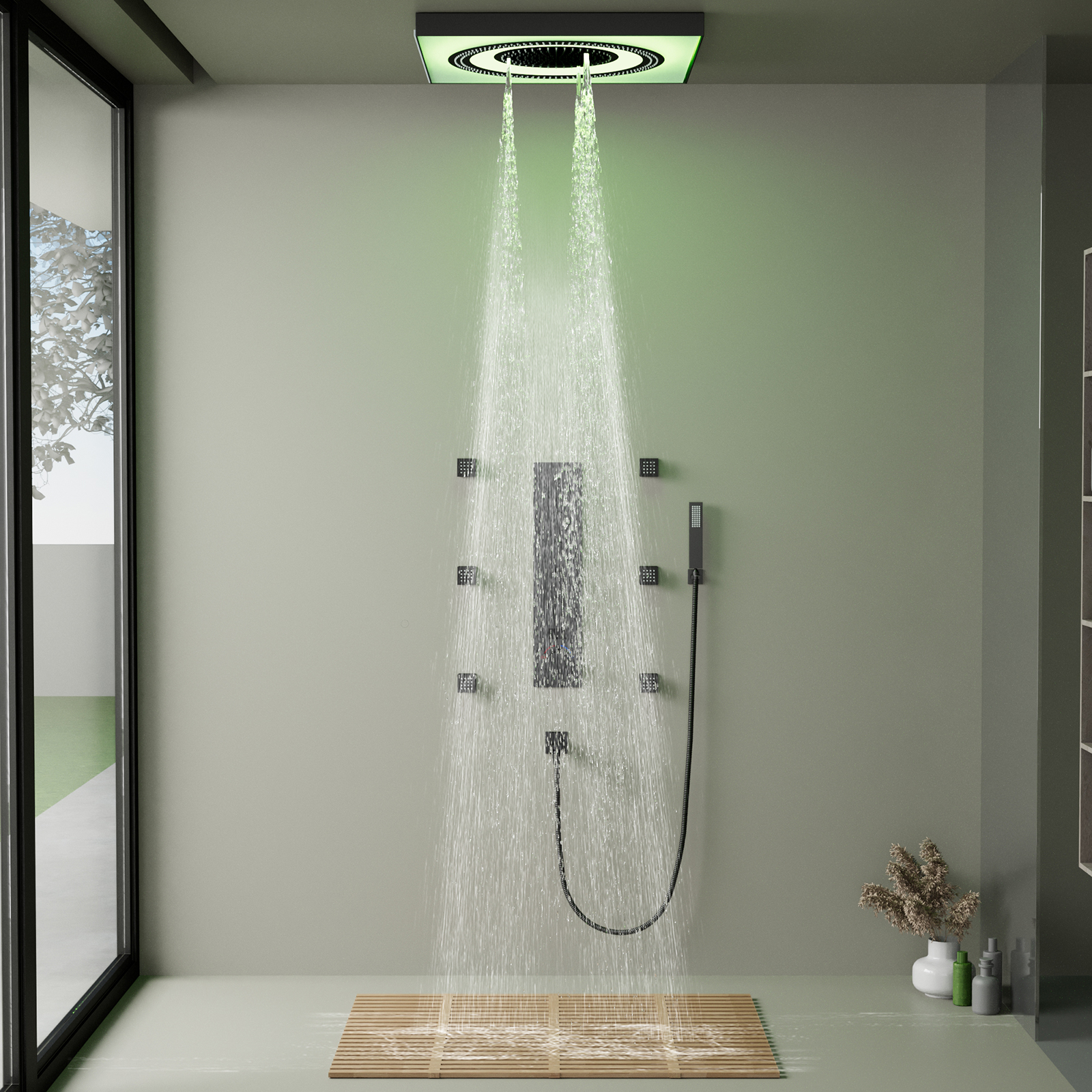 LED متعددة الوظائف صمام دش هجين مجموعات رأس دش ثرموستاتي