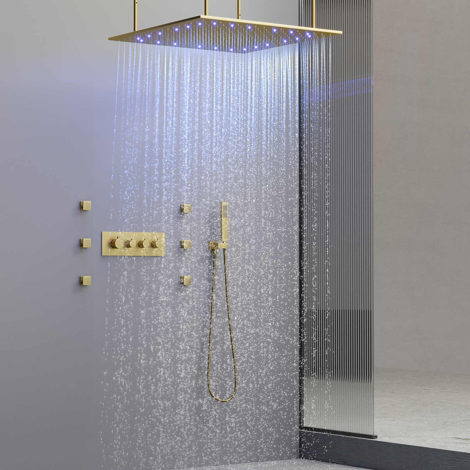 نحى الذهب نظام دش فاخر المطر Led رأس دش سقف المطر دش صمام خلط ثرموستاتي بخاخ محمول