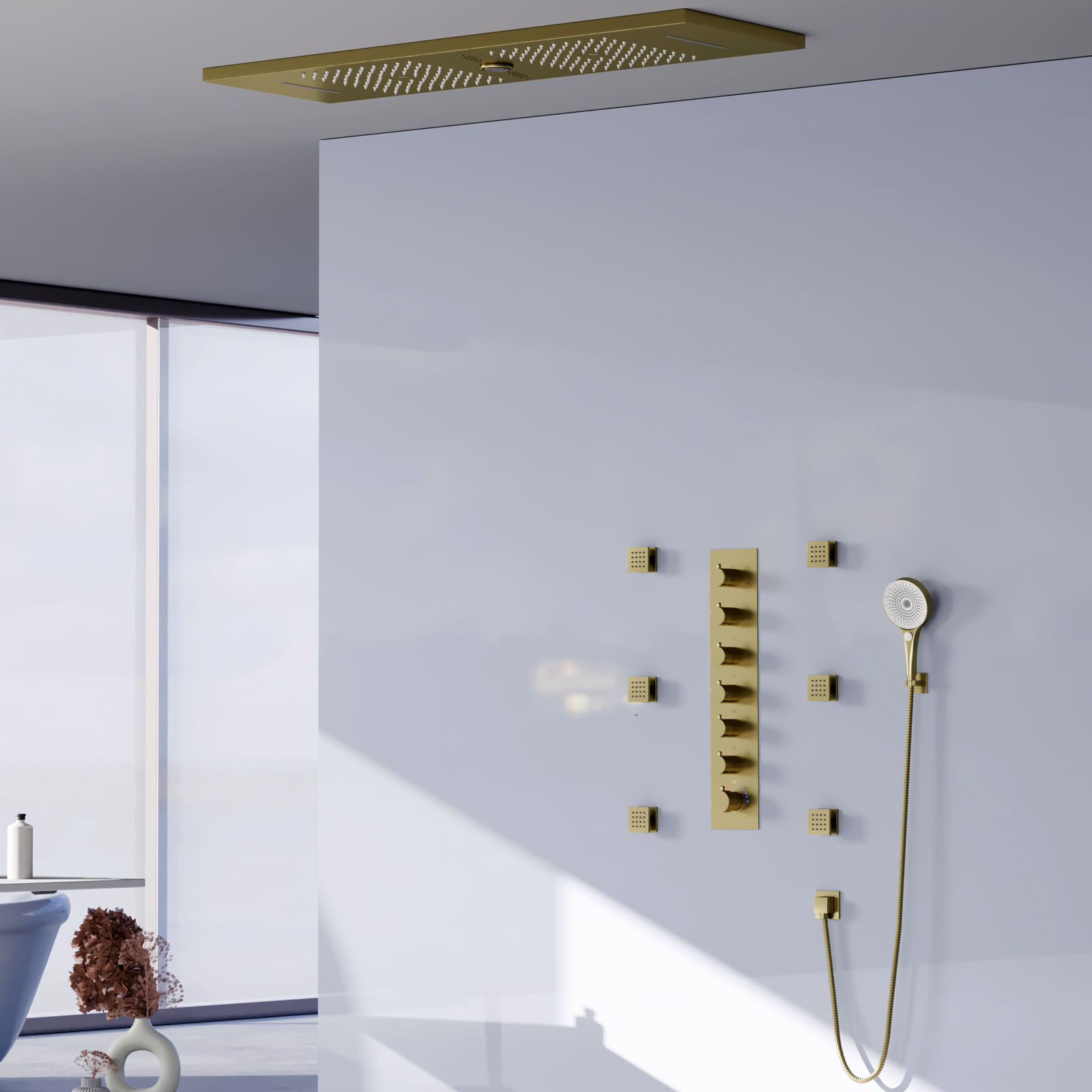 LED الحمام نحى الذهب رأس دش نظام دش المطر شلال نظام ثرموستاتي دش صنبور مجموعة