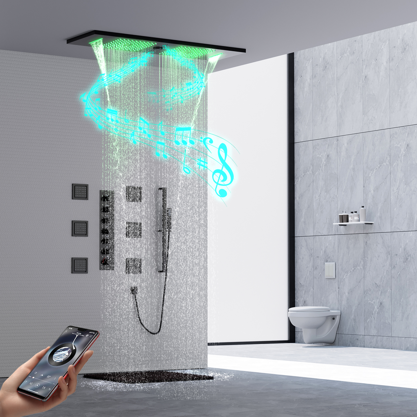 مجموعة دش LED مدمجة في السقف رأس دش المطر والشلال مع مكبر صوت للموسيقى، صنبور دش الحمام وصمام