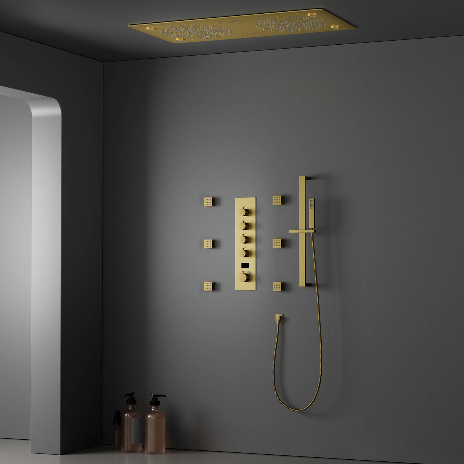 نحى الذهب LED الموسيقى دش سقف المطر نظام خلاط دش ثرموستاتي مع 6 قطع الجسم الطائرات