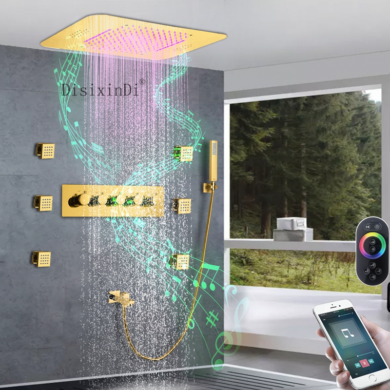 Ti Gold الحمام هطول الأمطار شلال LED صنبور دش ثرموستاتي مع دش الجسم جيت ورأس دش وظيفة الموسيقى