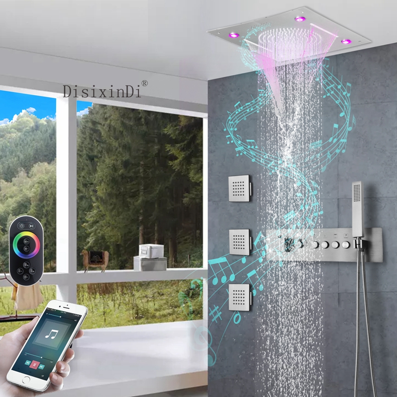 304 الفولاذ المقاوم للصدأ 400*400 مللي متر LED الموسيقى دش رئيس تضمين السقف زر ثرموستاتي الجسم الرئيسي الحمام دش صنبور مجموعة