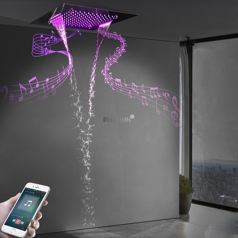 رأس دش LED مصقول بالكروم مع مكبر صوت للموسيقى مطر ضبابي ودش شلال 20 بوصة رأس دش مدمج بالسقف