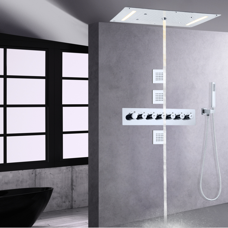 الكروم المصقول ثرموستاتي LED حمام دش 700X380 ملم الحمام شلال ضباب فقاعة Rainfa حمام دش مجموعة