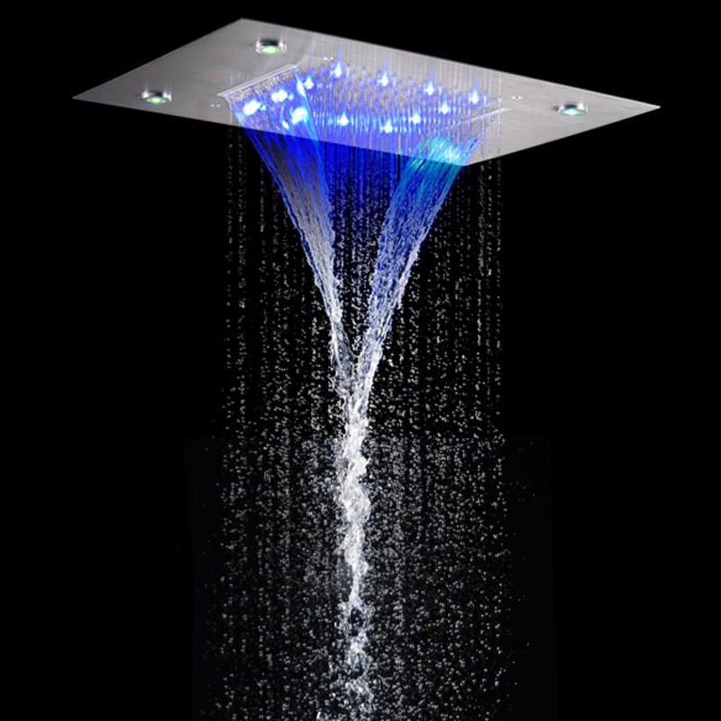 الموضة نحى النيكل 50X36 سم دش خلاط LED 7 ألوان الحمام ثنائي الوظيفة أنظمة شلال الأمطار