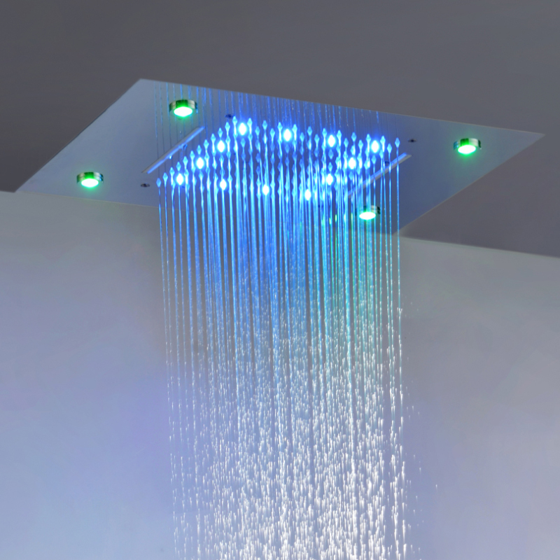 النمط الأوروبي الكروم المصقول 50X36 سم دش خلاط 7 ألوان LED الحمام ثنائي الوظيفة شلال الأمطار