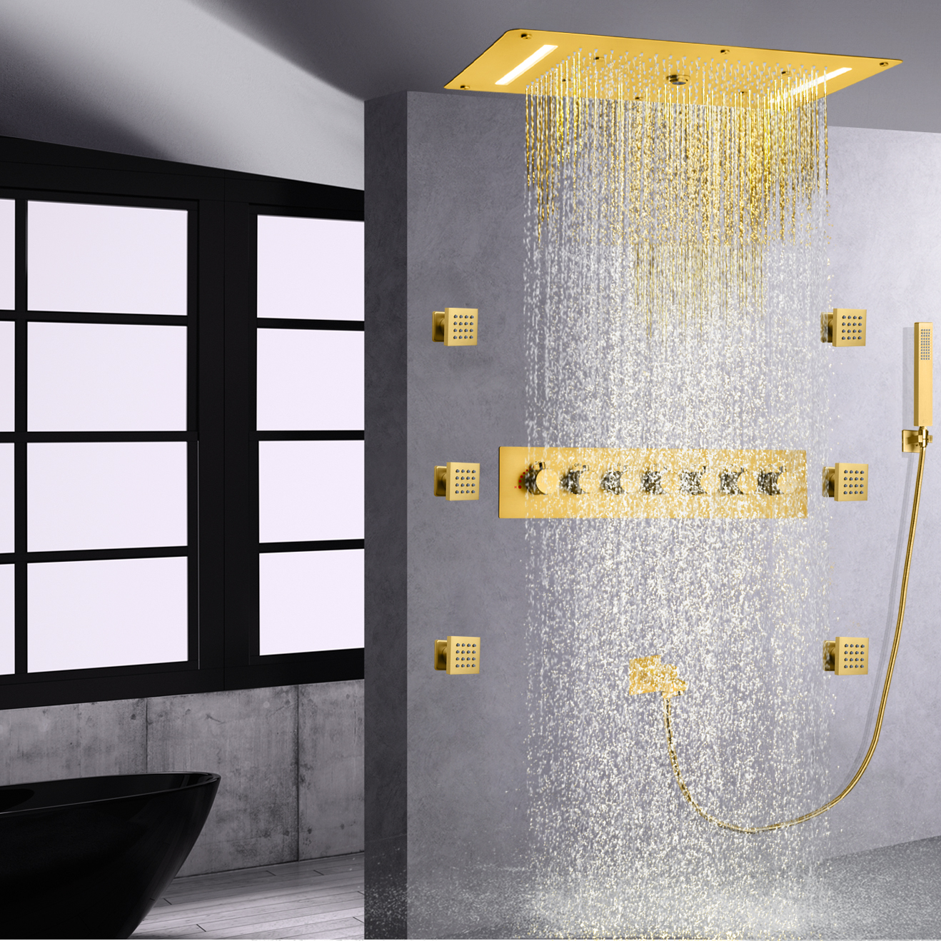 نحى الذهب LED ثرموستاتي دش الحمام مجموعة الأمطار أخفى نظام الدش يده حوض صنبور