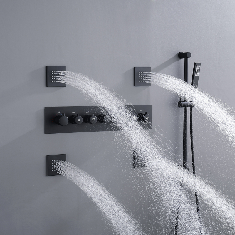 مجموعة دش حمام ثرموستاتي فاخر صمام إخفاء ثرموستاتي 14 × 20 بوصة شلال ومطر LED رأس دش السقف
