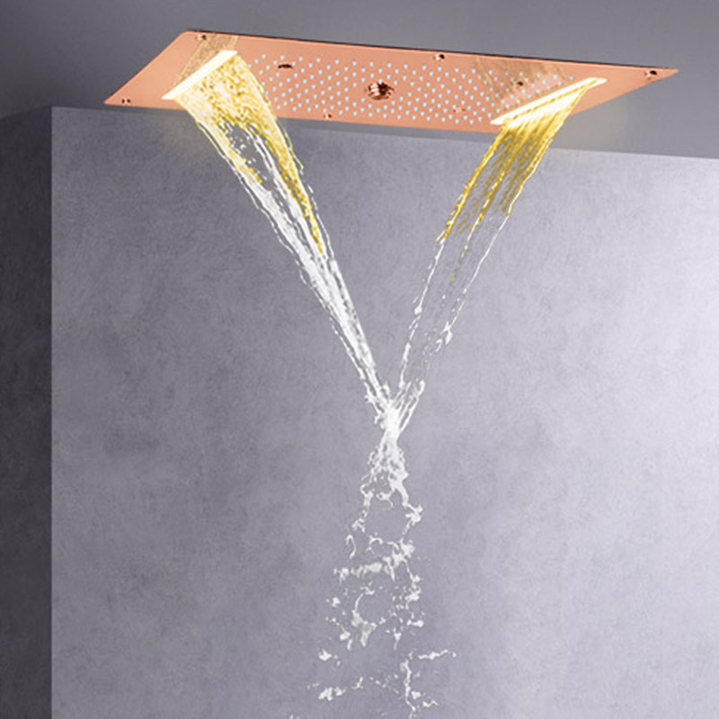 خلاط دش ذهبي وردي مقاس 70 × 38 سم LED للحمام متعدد الوظائف شلال هطول الأمطار دش الفقاعات