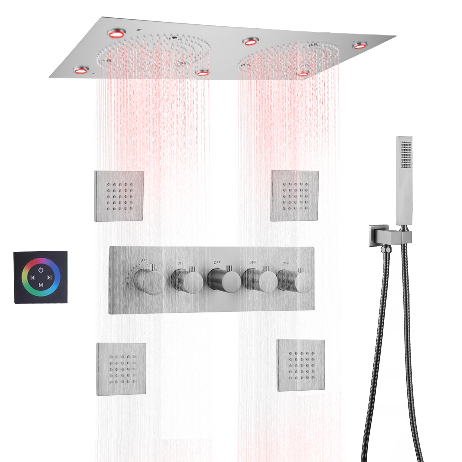 مجموعة نظام دش LED حديث من النيكل المصقول، ضباب مطر مثبت على الحائط مثبت على الحائط