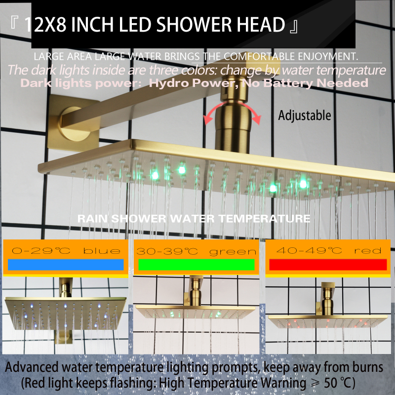 12X8 بوصة LED نحى الذهب ترموستاتي زر الحمام دش صنبور مجموعة نظام دش الأمطار