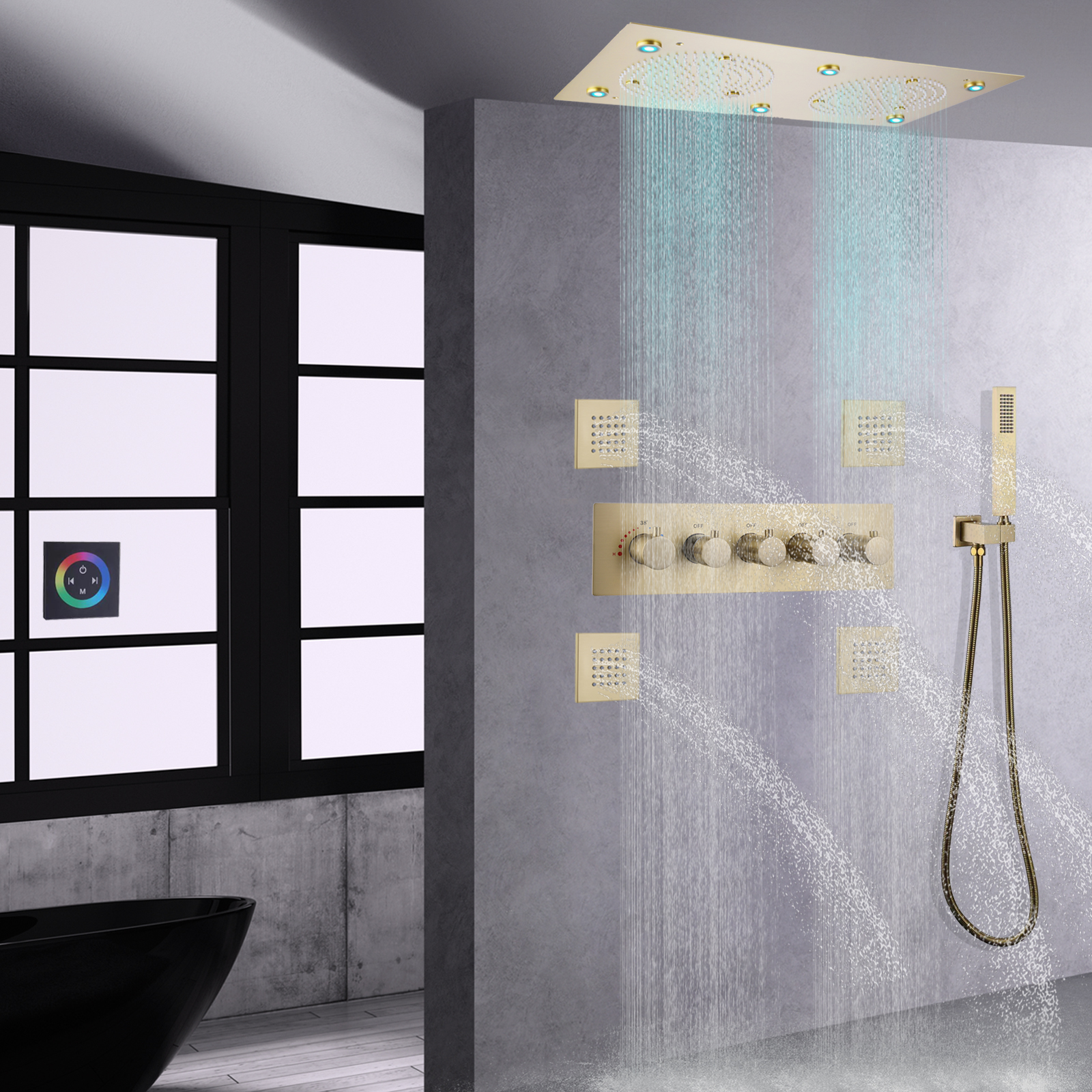 نحى الذهب ثرموستاتي دش رئيس الأمطار LED الحمام حمام دش صنبور مجموعة مع خرطوم المحمولة
