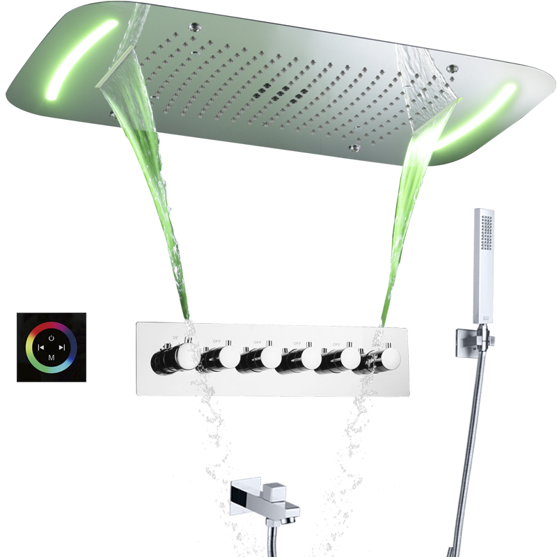 مستطيلة ثرموستاتي متعددة الوظائف شلال الأمطار دش رئيس تضمين السقف مصباح ليد الحمام دش صنبور