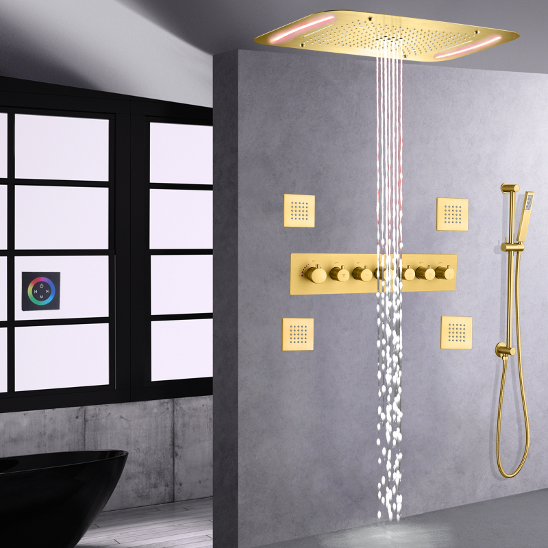 نحى الذهب حمام دش 71X43 سم LED الحمام الفاخرة ارتفاع تدفق دش ترموستاتي الأمطار أخفى نظام دش