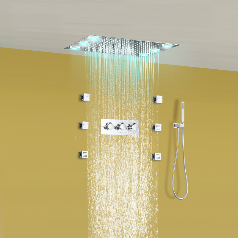 رأس دش مطري غائر، مجموعة دش مربعة LED، 6 نفاثات للجسم، 304 ملحقات حمام من الفولاذ المقاوم للصدأ، دش يدوي