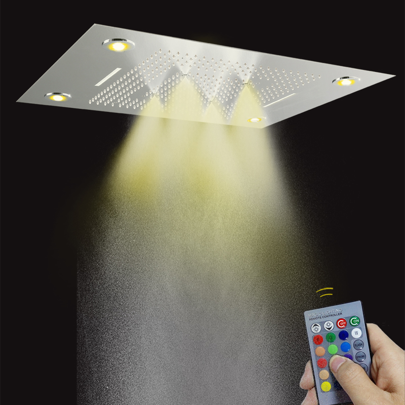 رأس دش مطري 24 × 31 بوصة مع لوحة التحكم عن بعد LED من الفولاذ المقاوم للصدأ 304 وظائف شلال ضباب الفقاعات