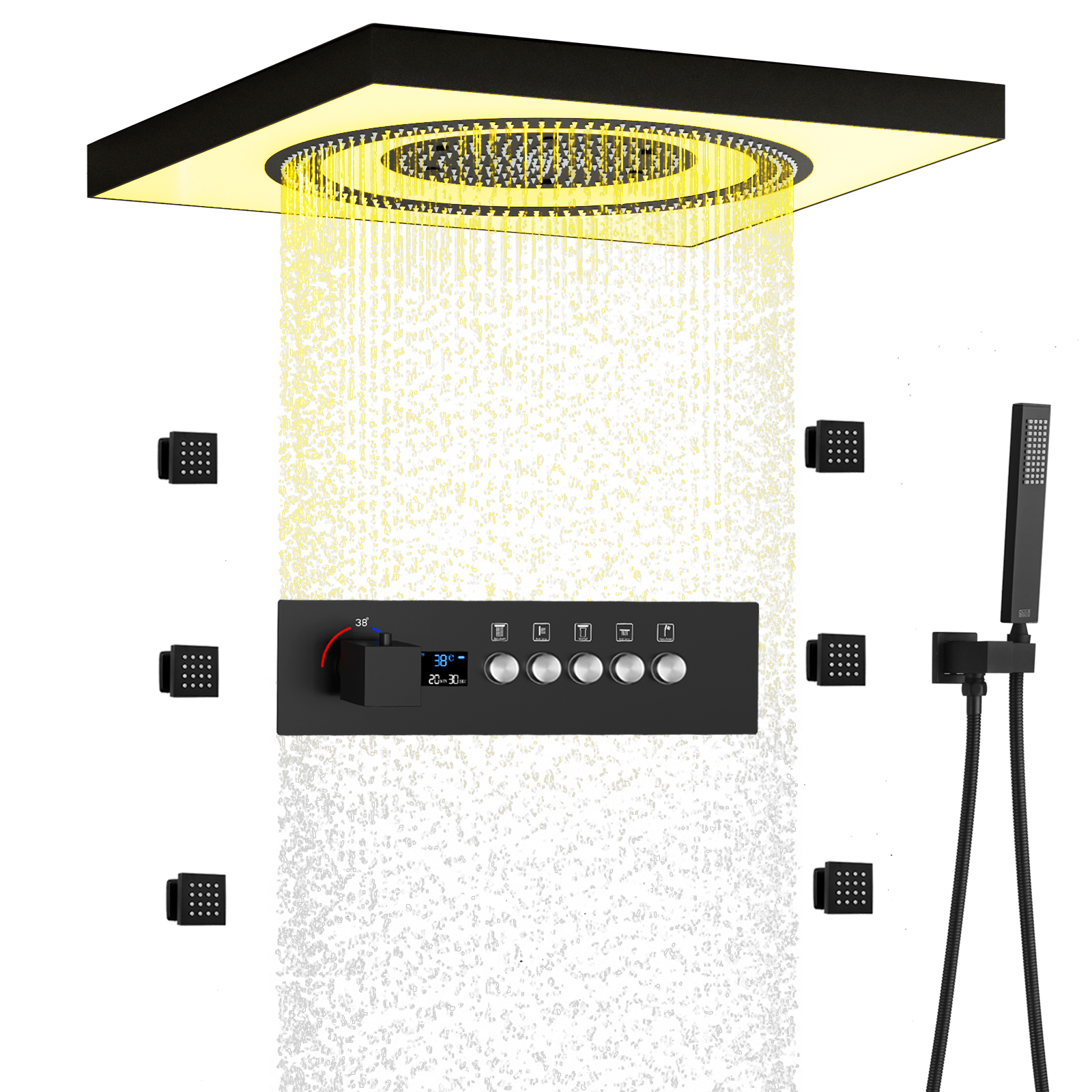 التحكم عن بعد LED رأس دش جديد زر الموسيقى العرض الرقمي رأس دش المطر مجموعة النحاس