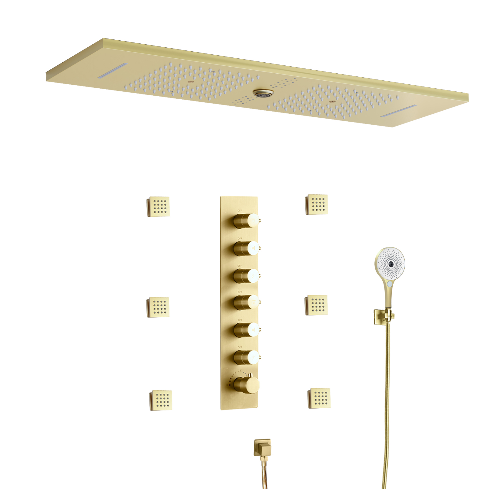 LED الحمام نحى الذهب رأس دش نظام دش المطر شلال نظام ثرموستاتي دش صنبور مجموعة