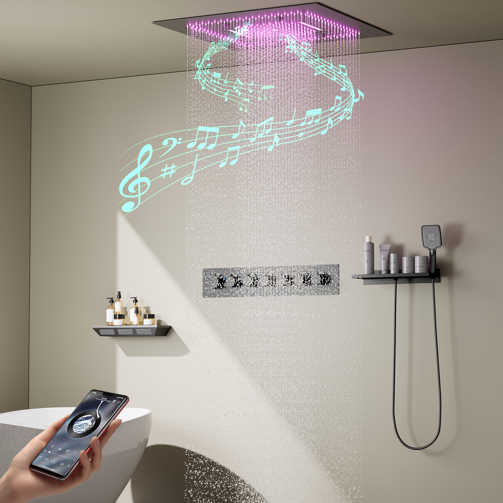 حوض الاستحمام سبا بندقية رمادي LED دش رئيس دش المطر شلال متعدد الوظائف راحة سقف الموسيقى دش مجموعة