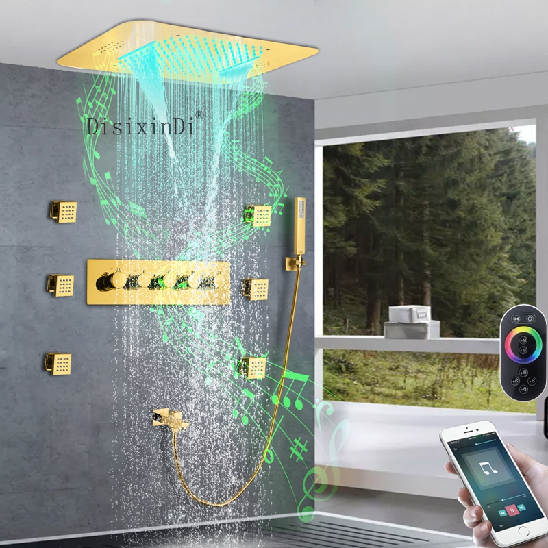 Ti Gold الحمام هطول الأمطار شلال LED صنبور دش ثرموستاتي مع دش الجسم جيت ورأس دش وظيفة الموسيقى