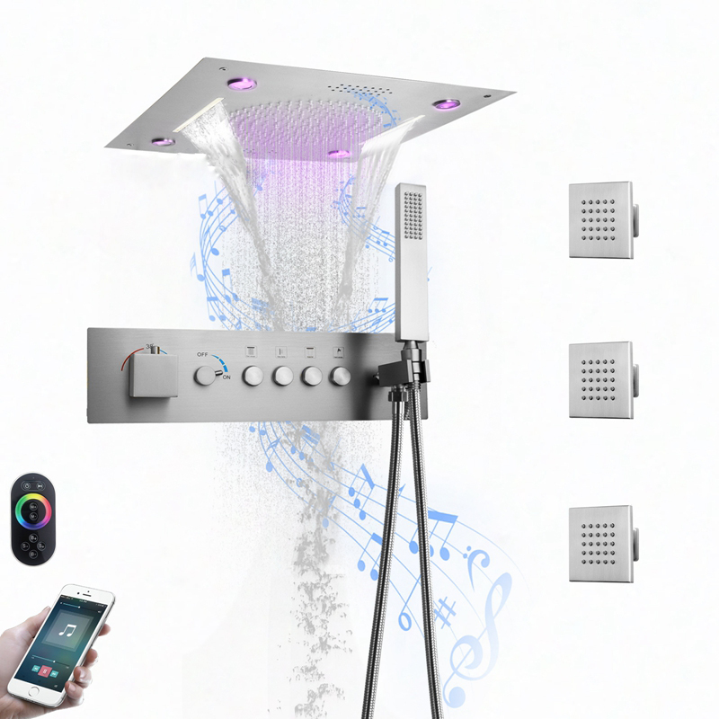 304 الفولاذ المقاوم للصدأ 400*400 مللي متر LED الموسيقى دش رئيس تضمين السقف زر ثرموستاتي الجسم الرئيسي الحمام دش صنبور مجموعة