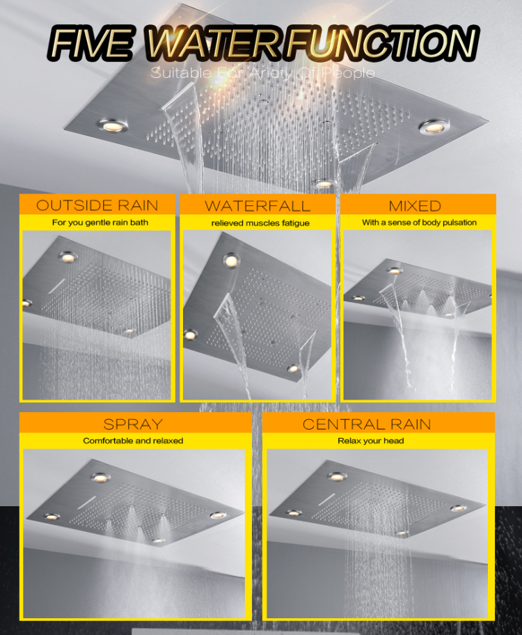 نحى النيكل 80X60 سم الحمام دش صنبور مع LED التحكم عن بعد لوحة الأمطار أخفى دش شلال