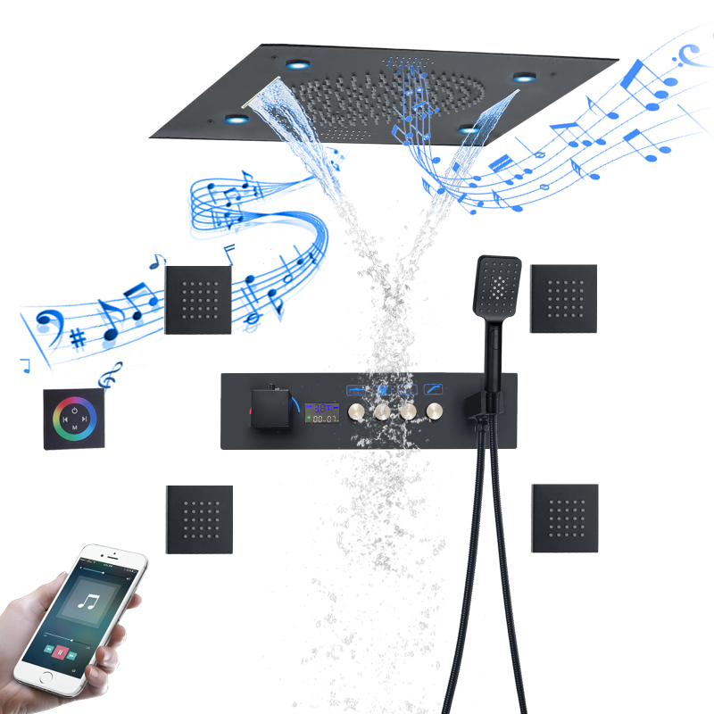 500*500 مللي متر ماتي الأسود نظام دش ثرموستاتي شاشة ديجيتال دش لوحة LED الحمام مع وظيفة الموسيقى رئيس دش
