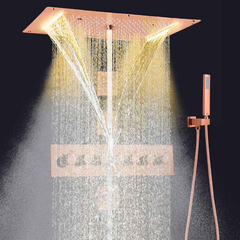 نظام دش LED ذهبي وردي ترموستاتي للحمام مثبت على الحائط في السقف، مجموعة كومبو دش شلال المطر