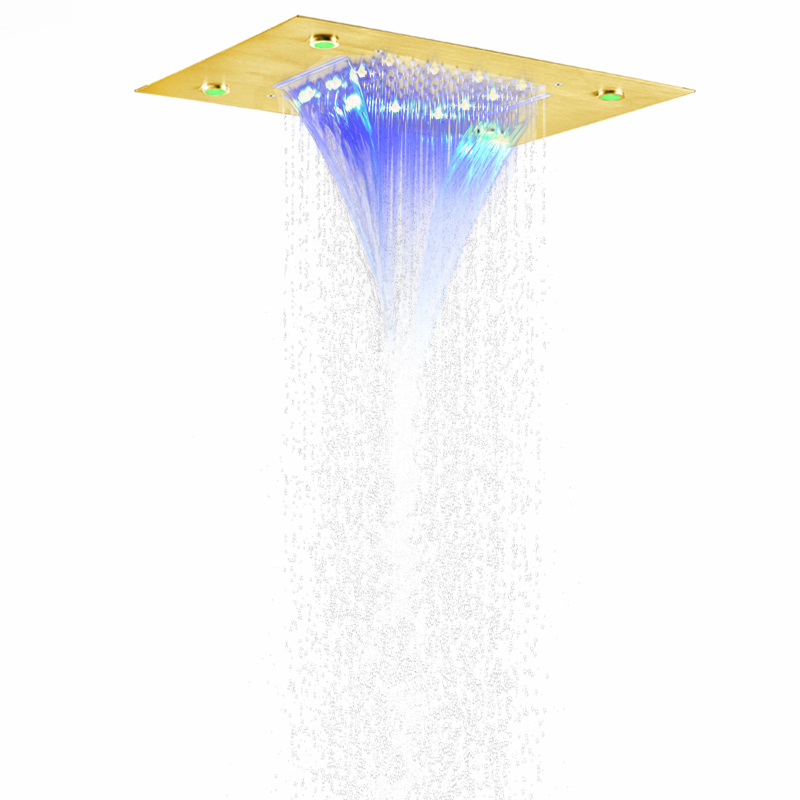 رأس دش ذهبي فاخر ناعم مقاس 50 × 36 سم LED للحمام دش عالي التدفق ثنائي الوظيفة شلال هطول الأمطار