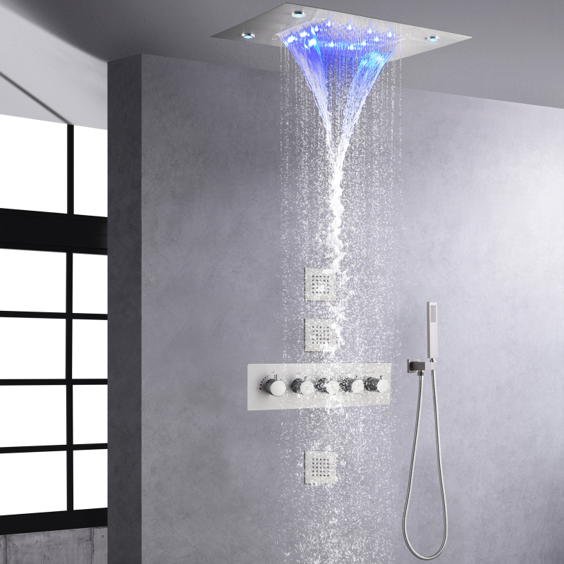 نحى النيكل نظام دش ثرموستاتي 50X36CM LED الحمام دش الأمطار شلال حمام دش مجموعة