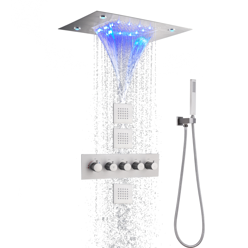 رأس دش LED ملون بشلال مطر يمكن التحكم بدرجة حرارته، تدليك سبا من النيكل المصقول