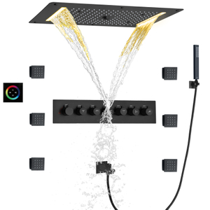 نظام دش أسود غير لامع 70 × 38 سم LED مجموعة دش ترموستاتي متعدد الوظائف للحمام مع جهاز محمول باليد
